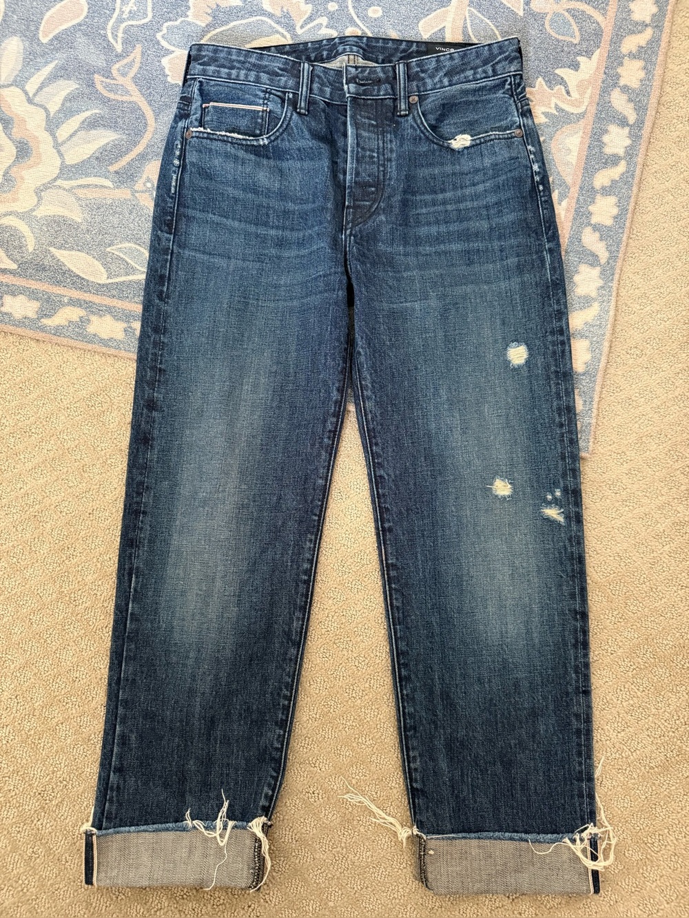 Vince Dark Blue Distressed Straight-Leg Boyfriend Jeans